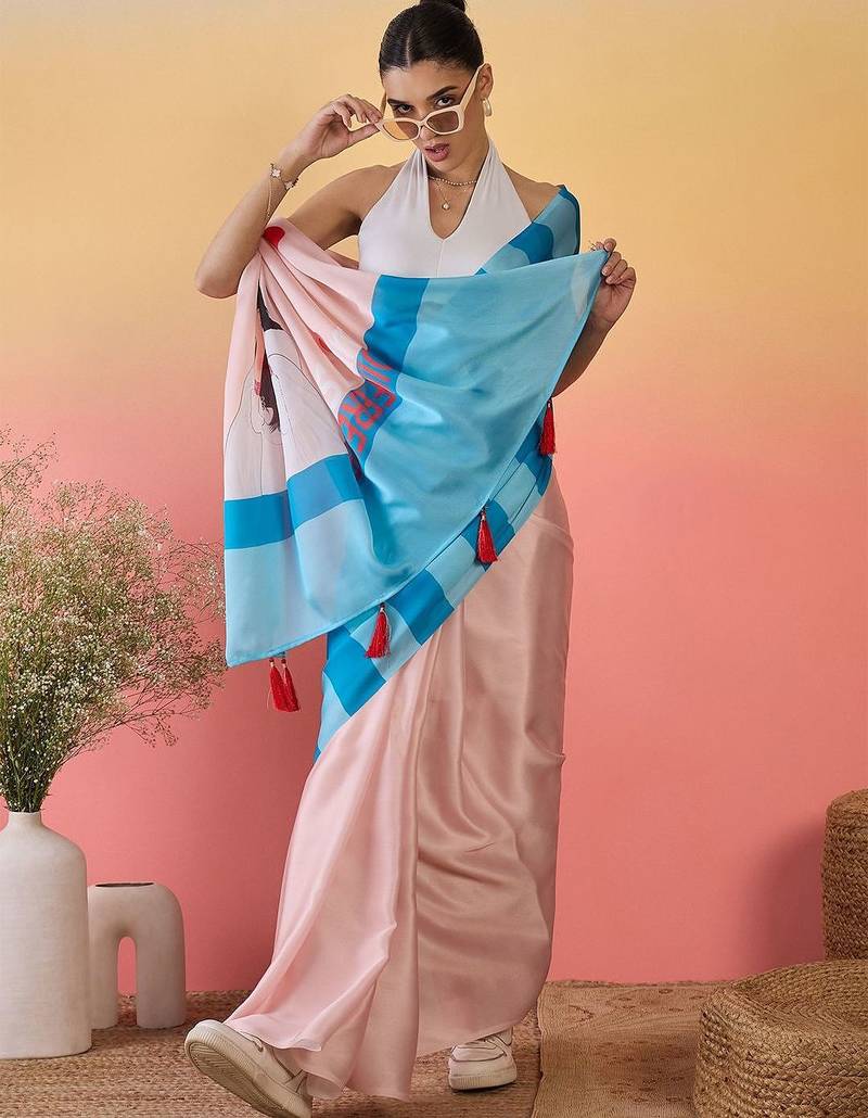 Peach abstract printed saree with unstitched blouse