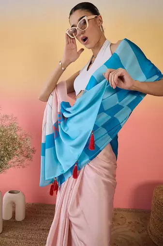 Peach abstract printed saree with unstitched blouse
