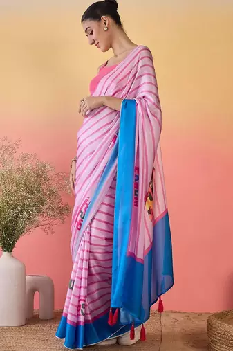 Pink striped satin saree
