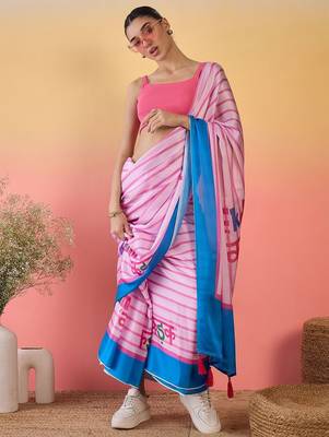Pink striped satin saree 5