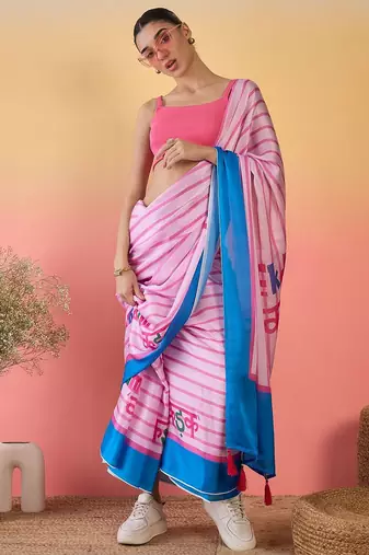 Pink striped satin saree