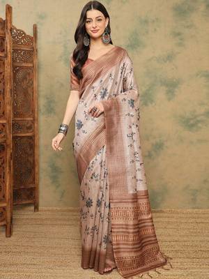 Beige ethnic motifs printed thread work silk cotton tussar saree with blouse 1