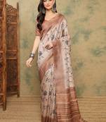 Beige ethnic motifs printed thread work silk cotton tussar saree with blouse
