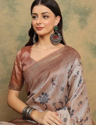 Beige ethnic motifs printed thread work silk cotton tussar saree with blouse 2