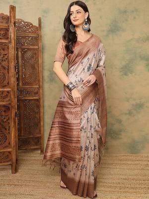 Beige ethnic motifs printed thread work silk cotton tussar saree with blouse 3