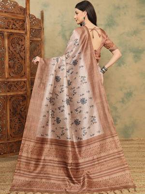 Beige ethnic motifs printed thread work silk cotton tussar saree with blouse 5