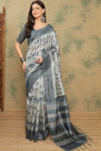 Grey warli printed silk cotton tussar saree with matching blouse