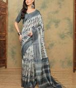 Grey warli printed silk cotton tussar saree with matching blouse