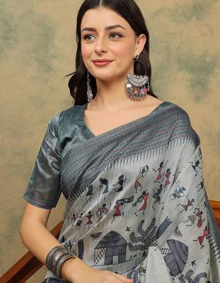 Grey warli printed silk cotton tussar saree with matching blouse 2