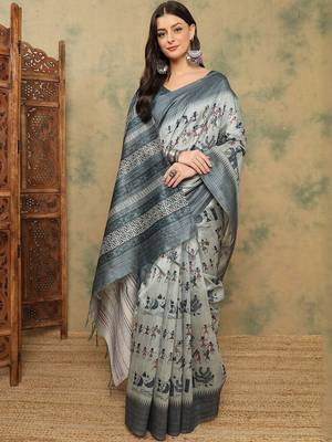 Grey warli printed silk cotton tussar saree with matching blouse 3