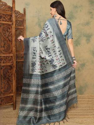 Grey warli printed silk cotton tussar saree with matching blouse 4