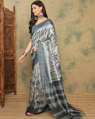Grey warli printed silk cotton tussar saree with matching blouse 5