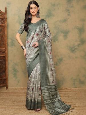 Grey warli printed silk cotton tussar saree with matching blouse 1