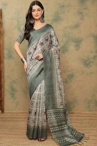 Grey warli printed silk cotton tussar saree with matching blouse