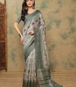 Grey warli printed silk cotton tussar saree with matching blouse