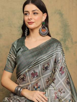 Grey warli printed silk cotton tussar saree with matching blouse 2
