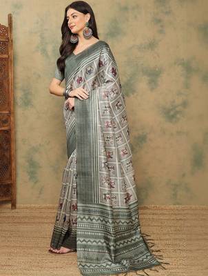 Grey warli printed silk cotton tussar saree with matching blouse 3