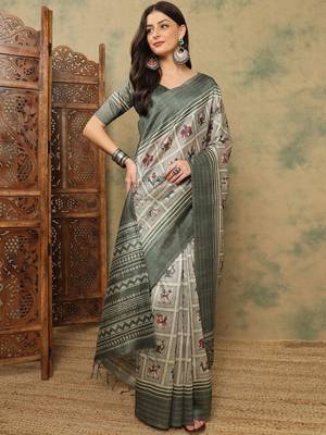 Grey warli printed silk cotton tussar saree with matching blouse 4