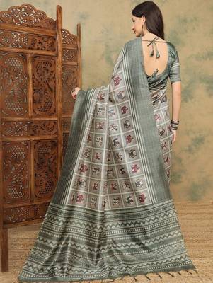Grey warli printed silk cotton tussar saree with matching blouse 5