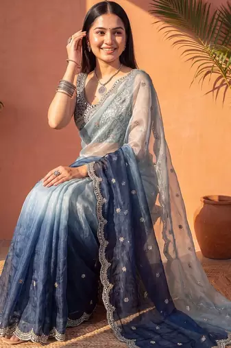Blue ombre mirror work tissue saree