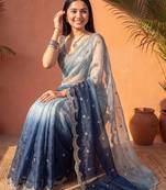 Blue ombre mirror work tissue saree