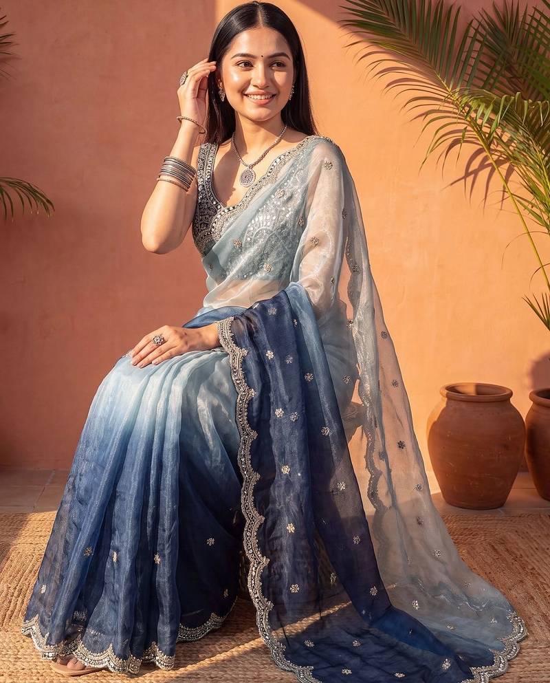 Blue ombre mirror work tissue saree