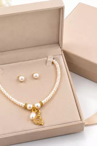 Certified Natural Freshwater Pearl Necklace Set with Pendant & Stud Earrings