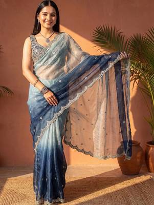 Blue ombre mirror work tissue saree 2