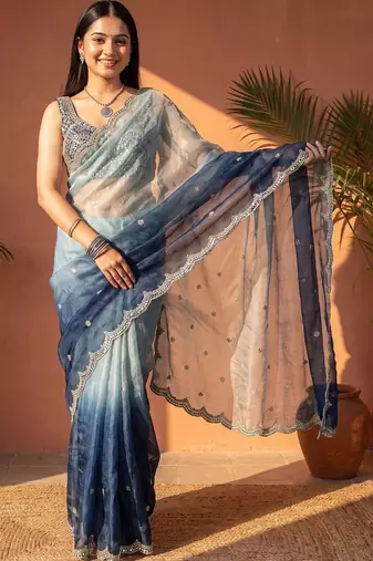 Blue ombre mirror work tissue saree