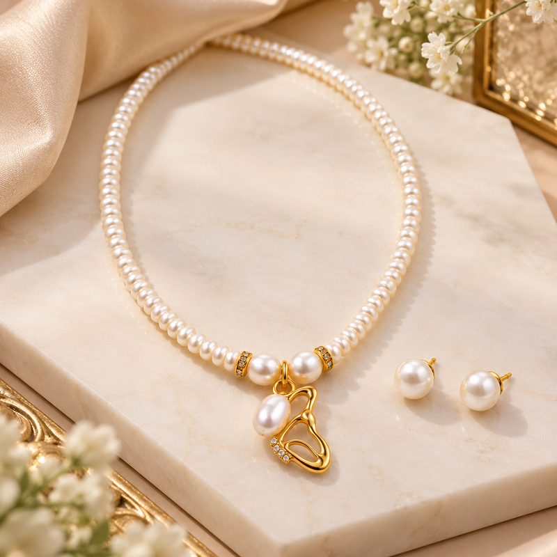 Certified Natural Freshwater Pearl Necklace Set with Pendant & Stud Earrings