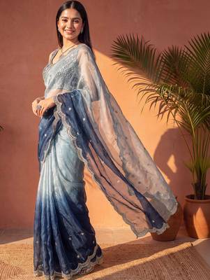 Blue ombre mirror work tissue saree 3