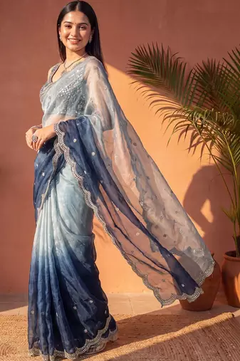Blue ombre mirror work tissue saree