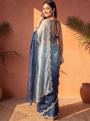 Blue ombre mirror work tissue saree 4