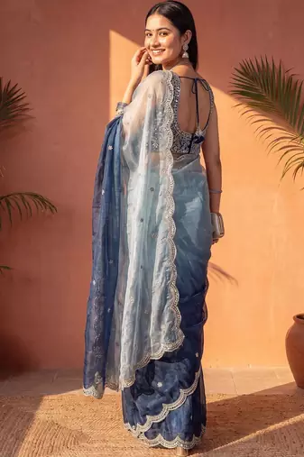 Blue ombre mirror work tissue saree