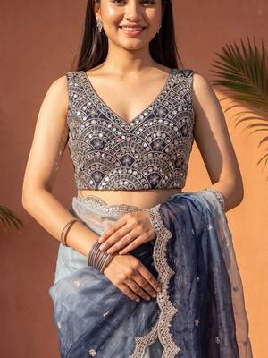 Blue ombre mirror work tissue saree 5