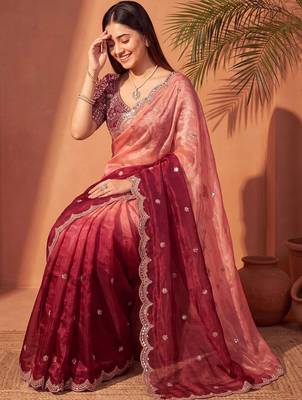 Pink women ombre mirror work tissue saree 1