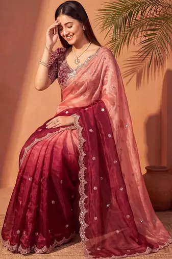 Pink women ombre mirror work tissue saree