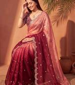 Pink women ombre mirror work tissue saree