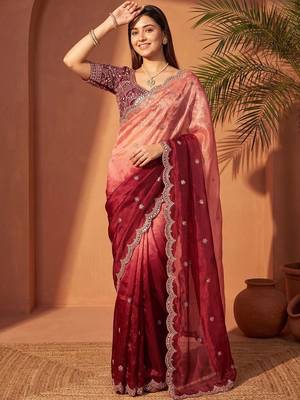 Pink women ombre mirror work tissue saree 2