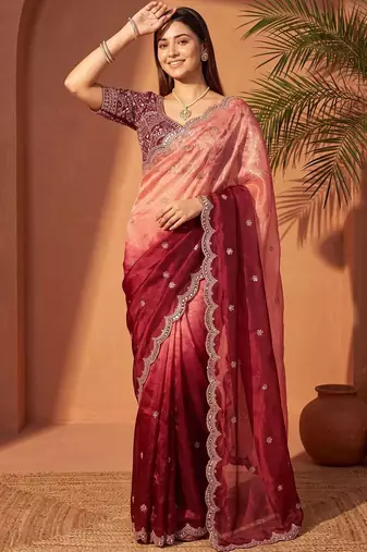 Pink women ombre mirror work tissue saree