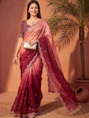 Pink women ombre mirror work tissue saree 3
