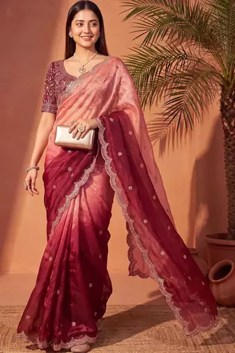 Pink women ombre mirror work tissue saree