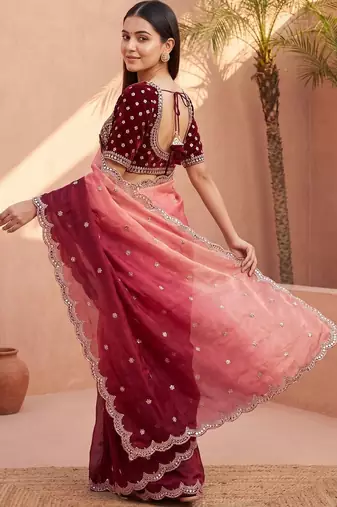 Pink women ombre mirror work tissue saree