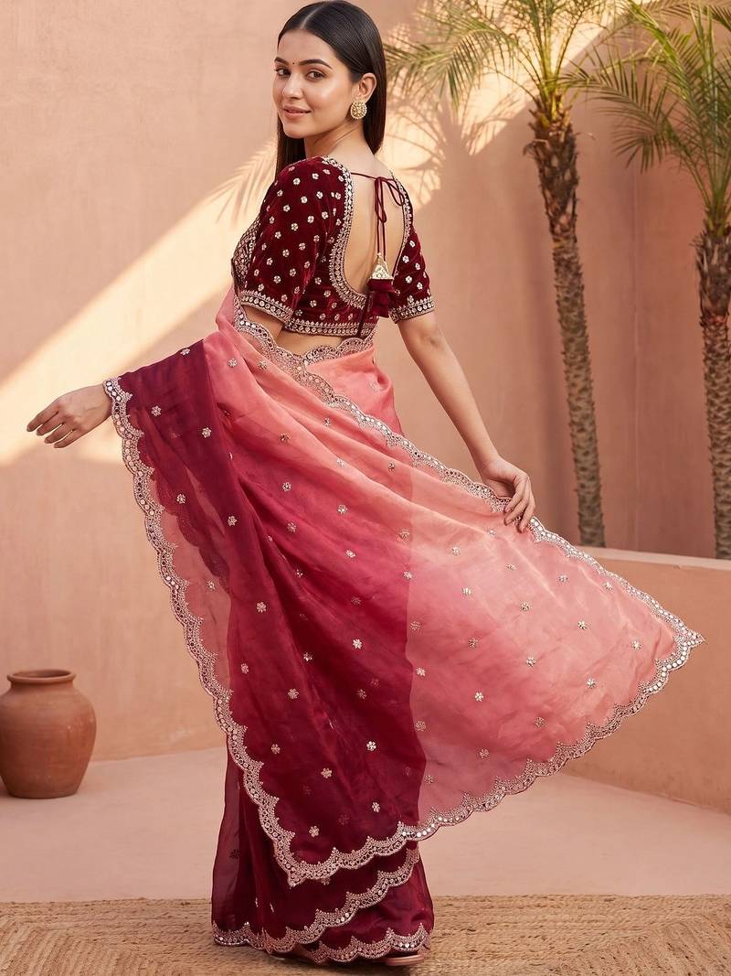 Pink women ombre mirror work tissue saree