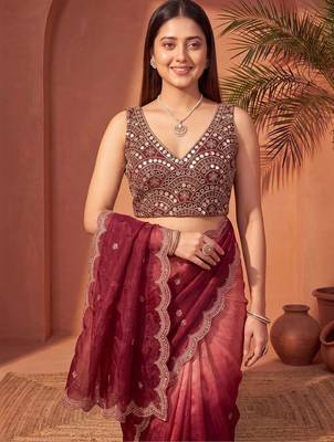 Pink women ombre mirror work tissue saree 5