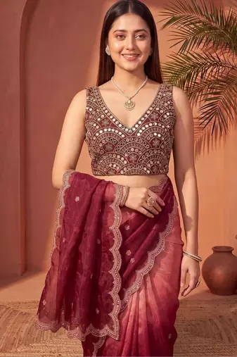 Pink women ombre mirror work tissue saree