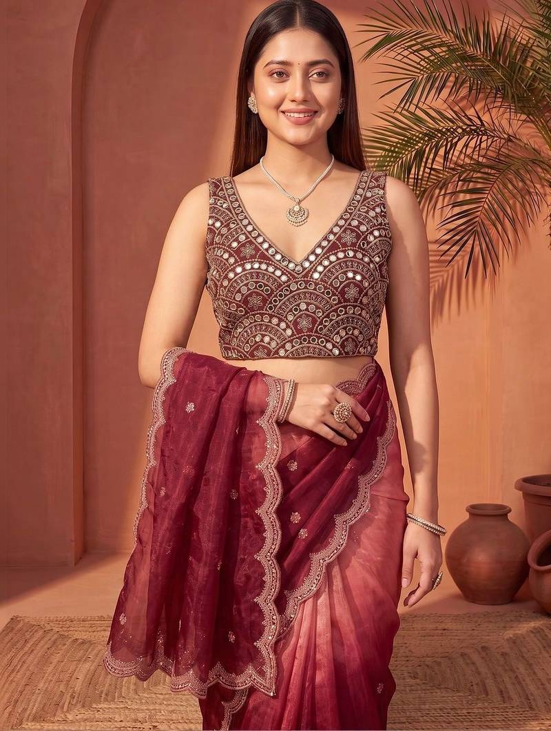 Pink women ombre mirror work tissue saree