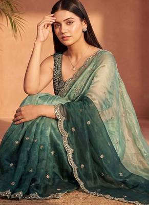 Teal ombre embroidered tissue ]saree 1