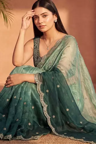 Teal ombre embroidered tissue ]saree