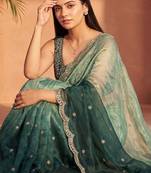 Teal ombre embroidered tissue ]saree
